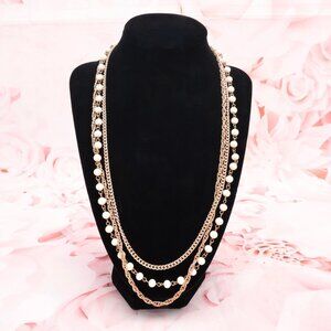 Vintage Coro Layered FauxPearl Chain Link Necklace Gold-Tone White Beads Jewelry